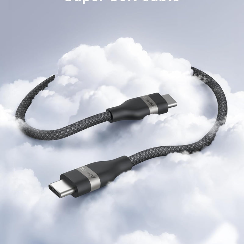 Anker USB-C to USB-C cable in black, 3 ft or 6 ft, upcycled braided design, supports 240W charging.