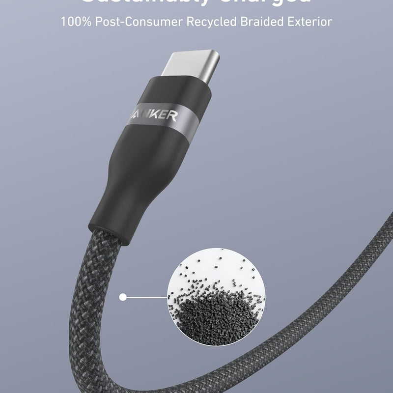 Anker USB-C to USB-C cable in black, 3 ft or 6 ft, upcycled braided design, capable of 240W charging.