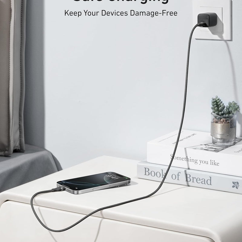 Anker USB-C to USB-C cable in black, 3 ft or 6 ft, braided upcycled design, capable of 240W charging, for fast device connectivity.
