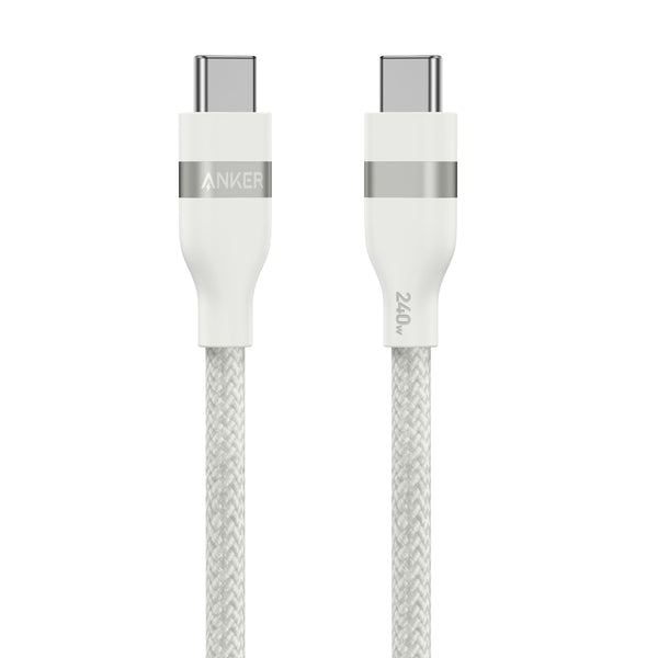 Anker USB-C to USB-C cable in white, available in 3 ft and 6 ft lengths, 240W power, upcycled braided design.