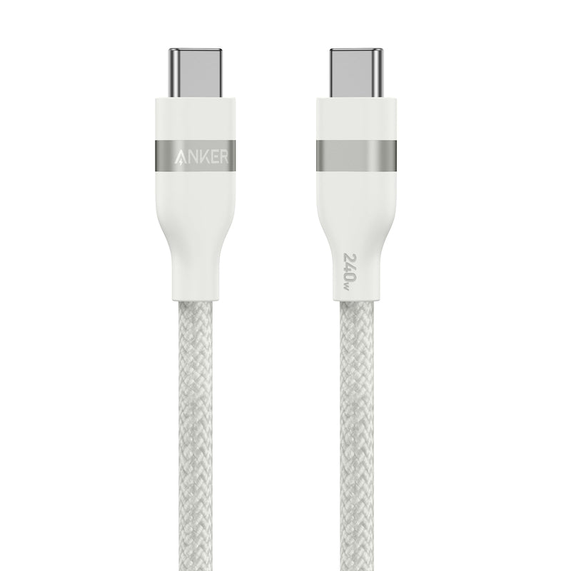Anker USB-C to USB-C cable in white, available in 3 ft and 6 ft lengths, 240W power, upcycled braided design.