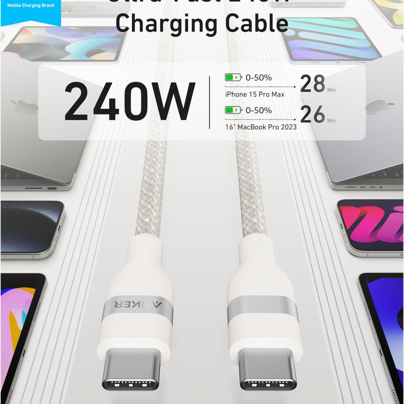Anker USB-C to USB-C cable in white, 3 ft or 6 ft, braided upcycled design, supports 240W charging for devices.