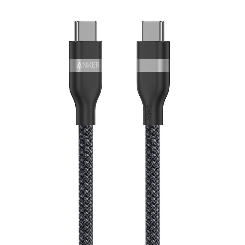 Anker USB-C to USB-C cable in white, 3 ft or 6 ft length, upcycled braided design, supports 240W charging.