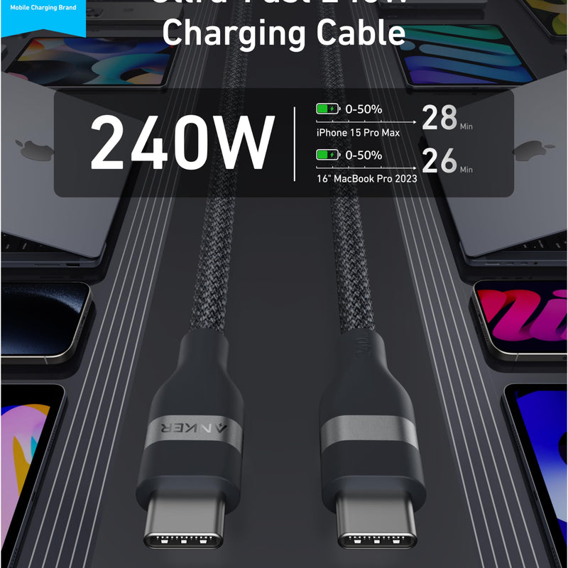 Anker USB-C to USB-C cable in white, upcycled braided design, available in 3 ft and 6 ft lengths, supports 240W charging.