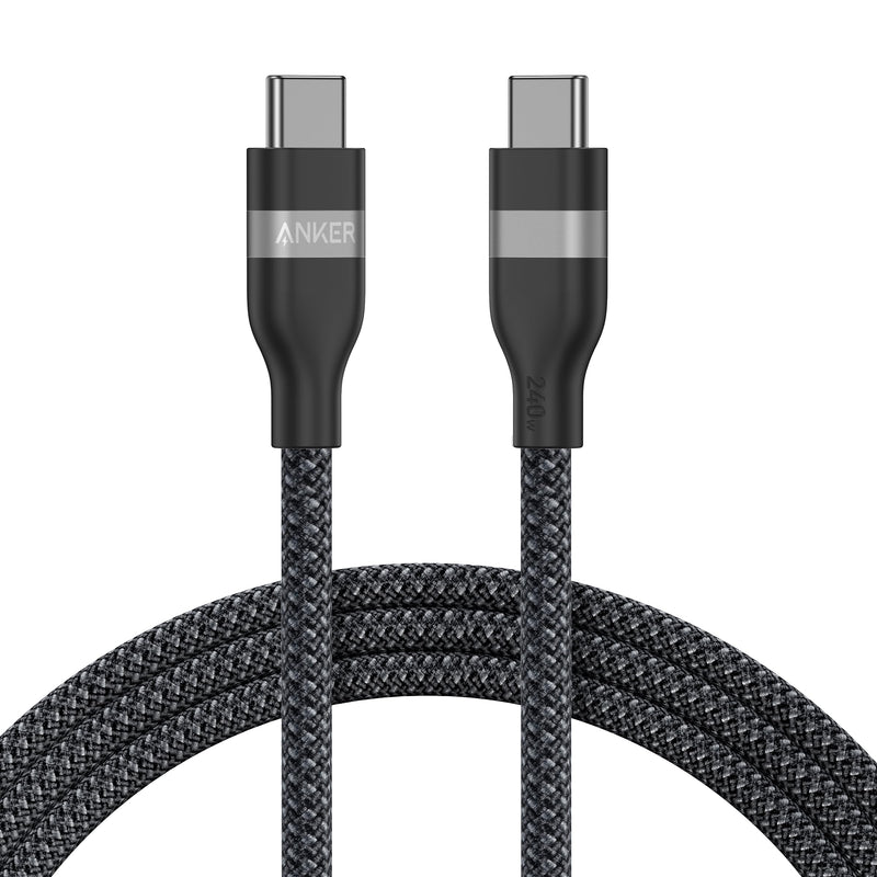 Anker USB-C to USB-C cable in white, 3 ft or 6 ft, upcycled braided design, supports 240W charging for devices.