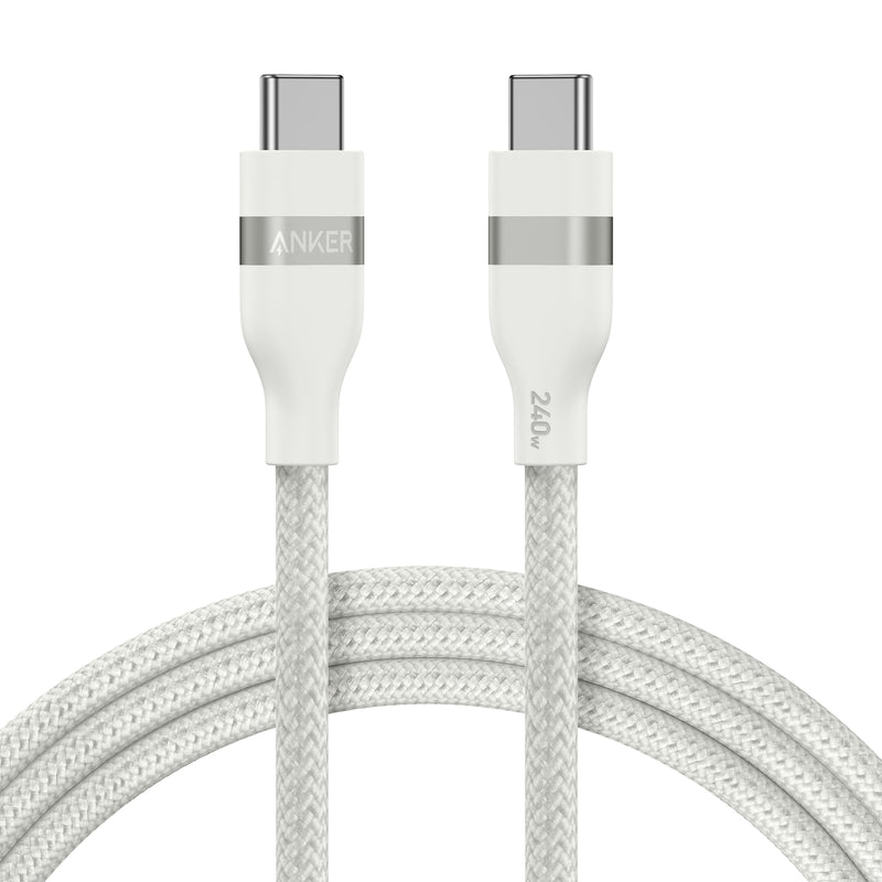Anker USB-C to USB-C cable in white, 3 ft or 6 ft, upcycled braided design, supports 240W charging for devices.