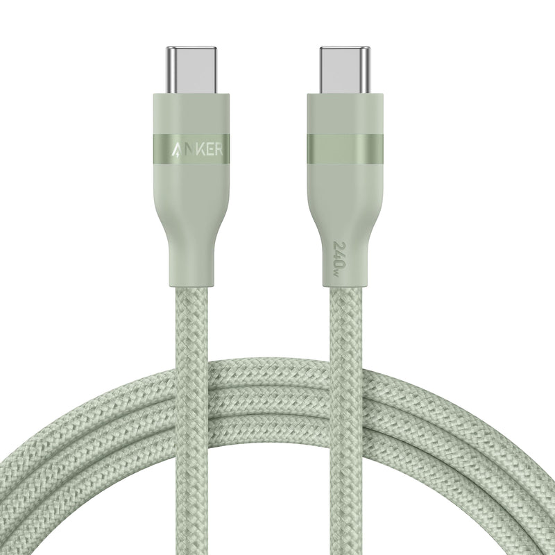 Anker USB-C to USB-C cable, 3 ft or 6 ft, white, upcycled braided design, supports 240W charging, durable and versatile.