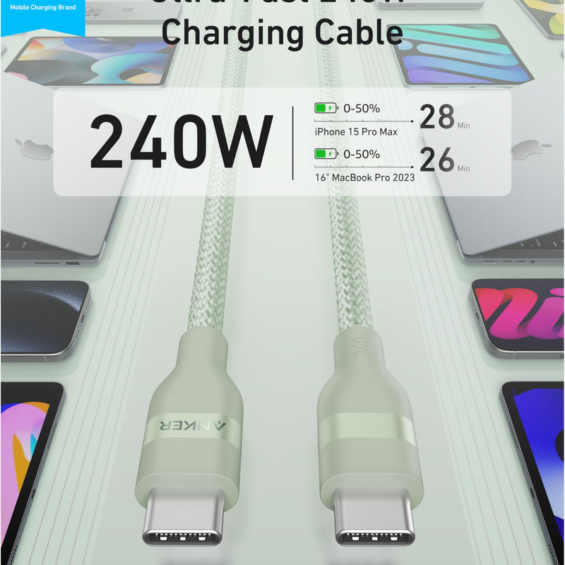 Anker USB-C to USB-C cable in white, 3 ft or 6 ft, upcycled braided design, supports 240W charging for fast power transfer.