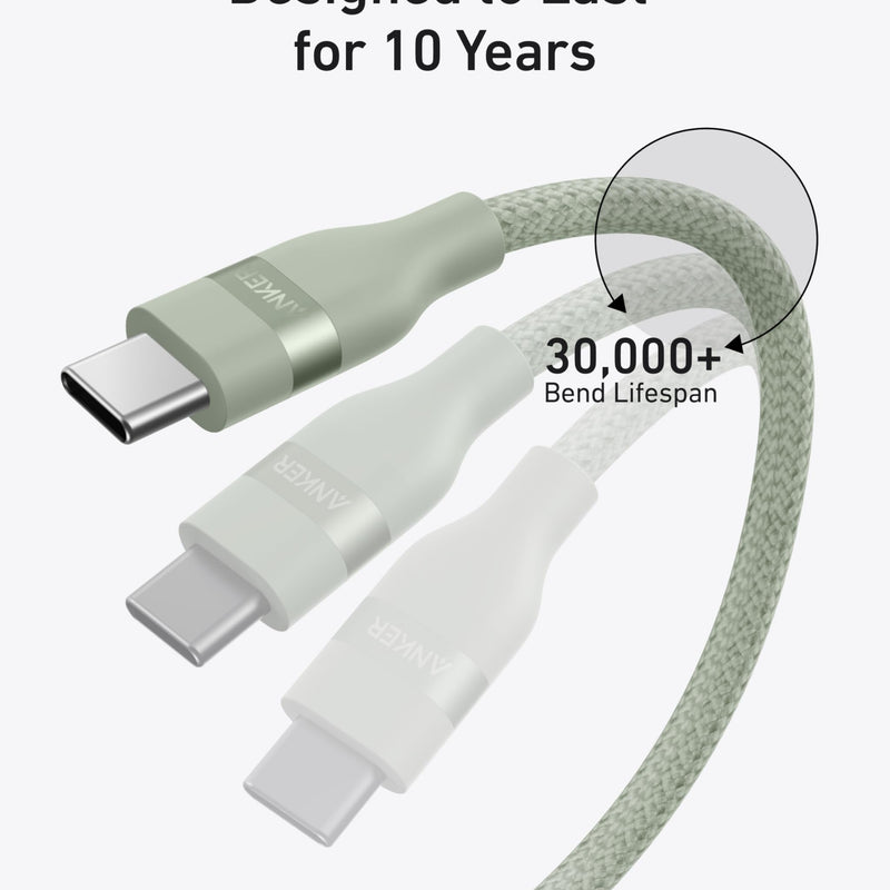 Anker USB-C to USB-C cable in white, 3 ft or 6 ft, upcycled braided design, supports 240W charging.
