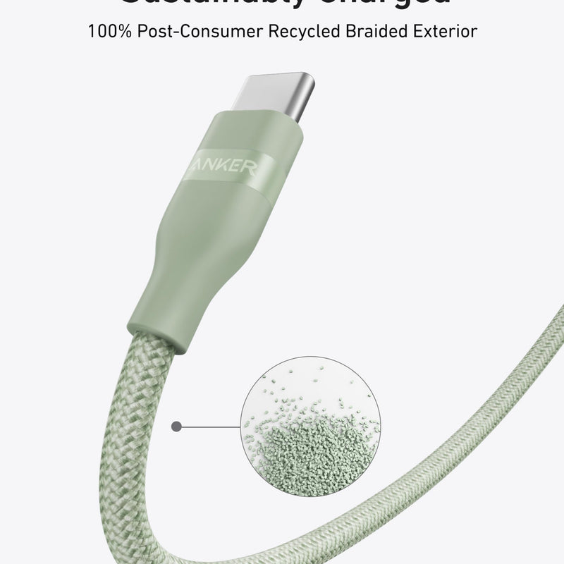 Anker USB-C to USB-C cable in white, 3 ft or 6 ft, upcycled braided design, supports 240W fast charging.
