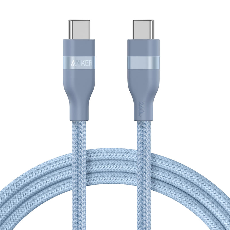 Anker USB-C to USB-C cable in white, 3 ft or 6 ft, upcycled braided design, supporting 240W charging for fast devices.