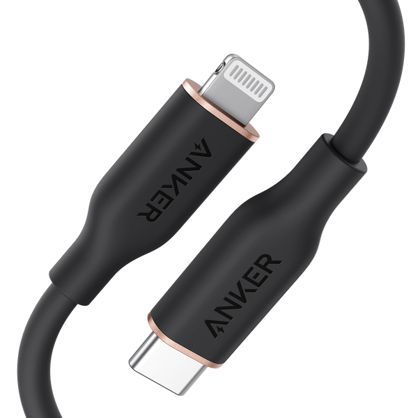 Anker 641 USB-C to Lightning Cable in midnight black, 3 ft silicone design for charging and syncing Apple devices.