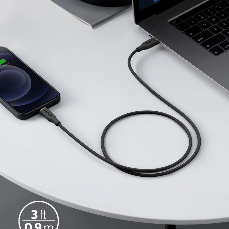 Anker 641 USB-C to Lightning Cable in midnight black, 3 ft silicone design, for fast charging and data transfer.