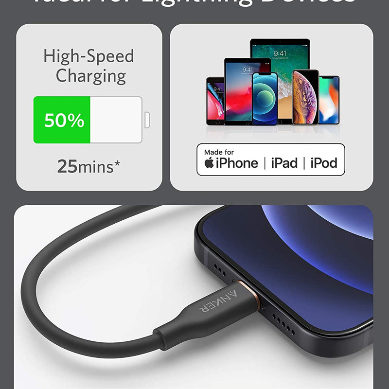Anker 641 USB-C to Lightning Cable in midnight black, 3-foot silicone cable for charging and syncing Apple devices.