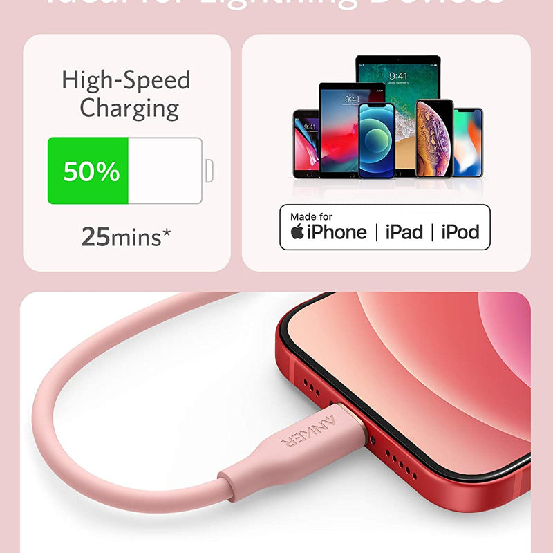 Anker 641 USB-C to Lightning Cable in midnight black, 3 ft silicone charging cable for Apple devices.