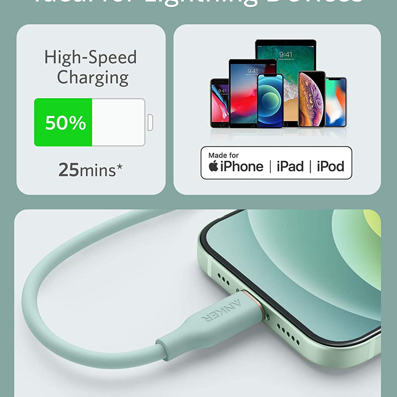 Anker 641 USB-C to Lightning Cable in midnight black, 3-foot silicone charging and sync cable for Apple devices.