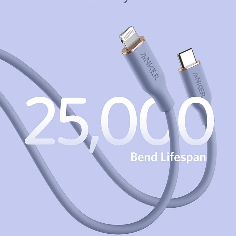 Anker 641 USB-C to Lightning Cable in midnight black, 3 ft silicone charging cable for Apple devices, with flexible design.