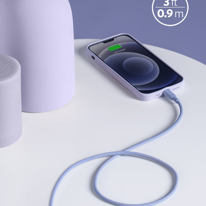Anker 641 USB-C to Lightning Cable in midnight black, 3 ft silicone charging cable for Apple devices, shown coiled on a white surface.