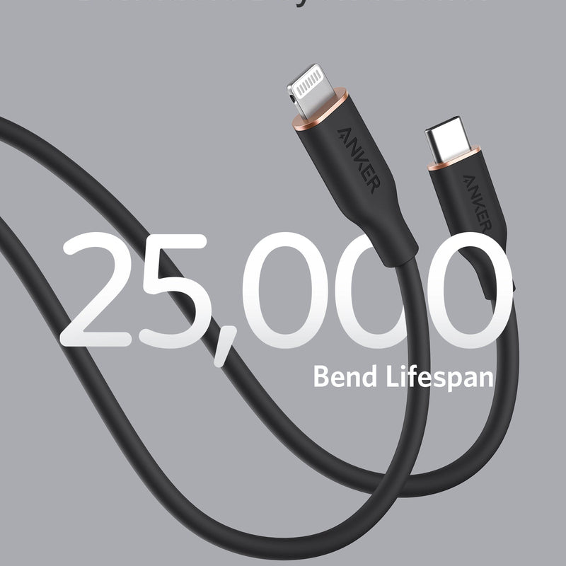 Anker 641 USB-C to Lightning Cable in midnight black, 3 ft silicone charging and syncing cable for Apple devices.