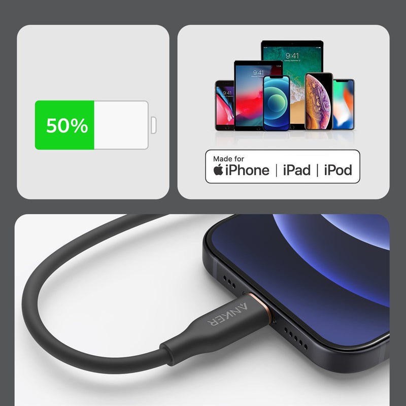 Anker 641 USB-C to Lightning Cable in midnight black, 3 ft silicone design for fast charging and data transfer.