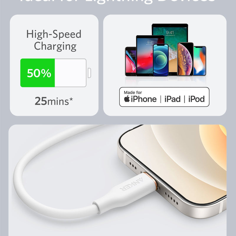 Anker 641 USB-C to Lightning Cable in midnight black, 3 ft silicone charging cable with a sleek design.