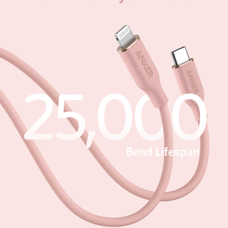 Anker 641 USB-C to Lightning Cable in midnight black, 3 ft silicone charging cable with Flow design and durable connector ends.