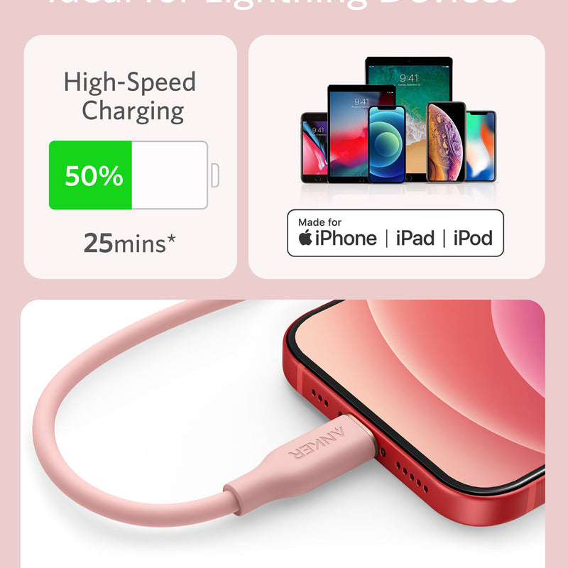 Anker 641 USB-C to Lightning cable in midnight black, 3 ft silicone design for fast charging and data transfer.