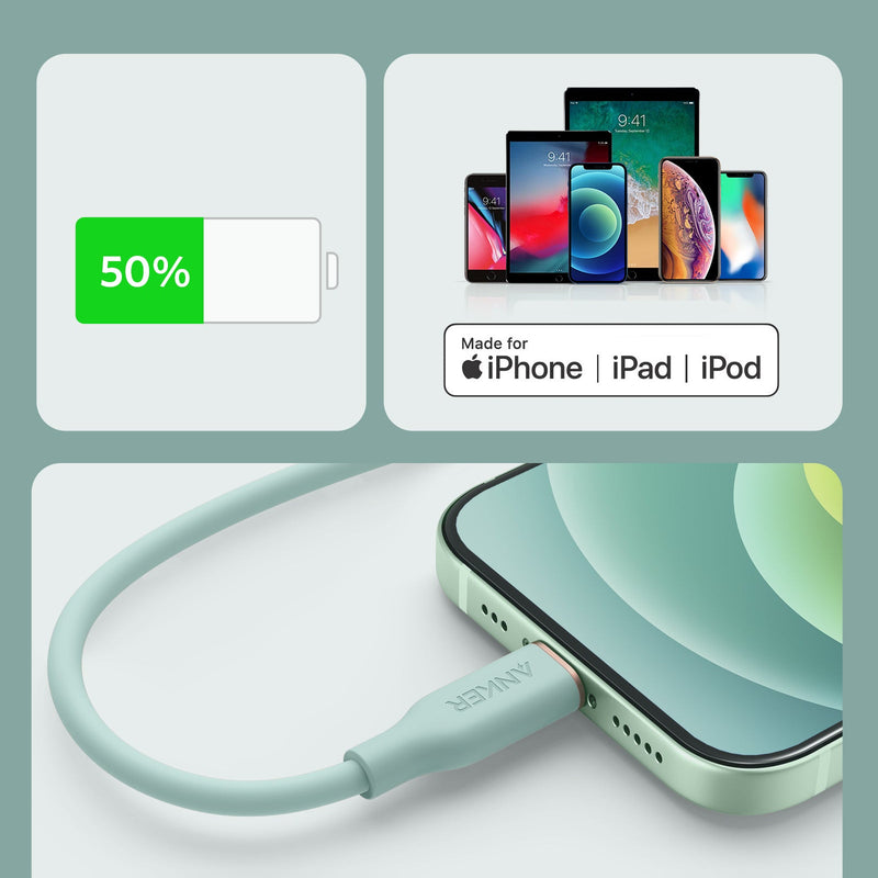Anker 641 USB-C to Lightning Cable in midnight black, 3 ft silicone cable for fast charging and data transfer.