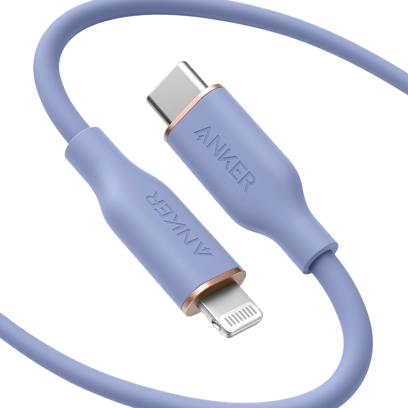 Anker 641 USB-C to Lightning Cable in midnight black, 3 ft silicone charging cable for Apple devices, shown coiled on a white background.