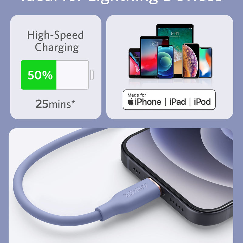 Anker 641 USB-C to Lightning Cable in midnight black, 3 ft silicone charging cable for Apple devices.