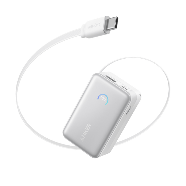 Anker Nano Power Bank 10K with 45W output, white color, featuring built-in retractable USB-C cable for portable charging.