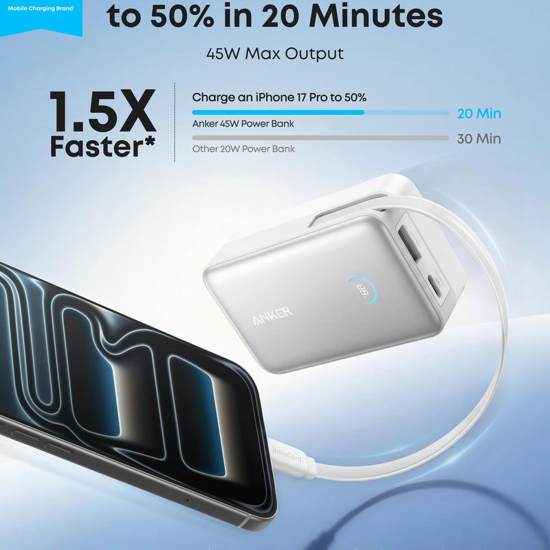Anker Nano Power Bank 10K with 45W USB-C port and built-in retractable USB-C cable, compact white portable charger.