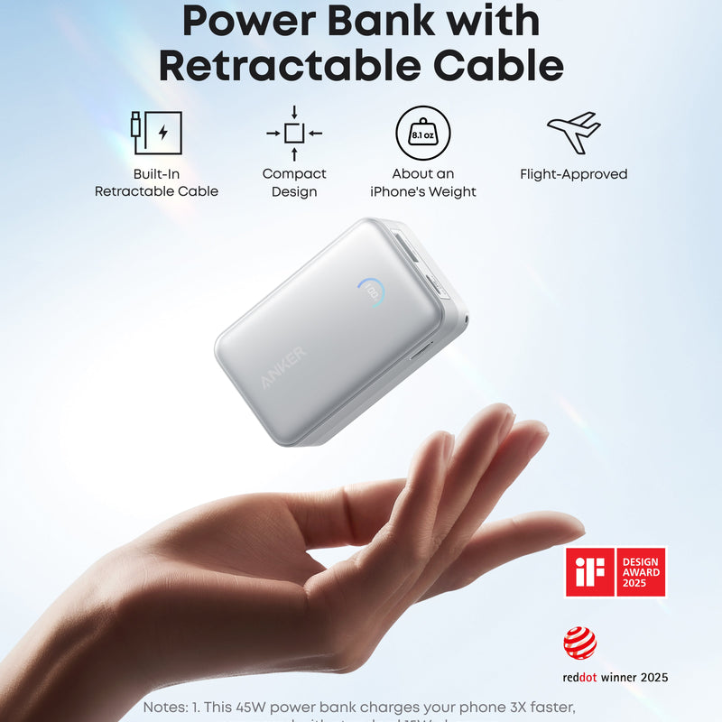 Anker Nano 10K Power Bank with 45W output and built-in retractable USB-C cable, white portable charger for smartphones and devices.