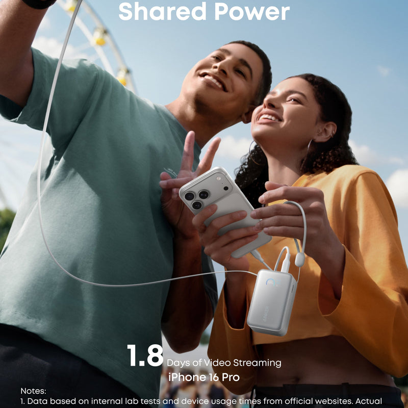 Anker Nano Power Bank 10K with 45W output and built-in retractable USB-C cable in white, portable and compact for on-the-go charging.