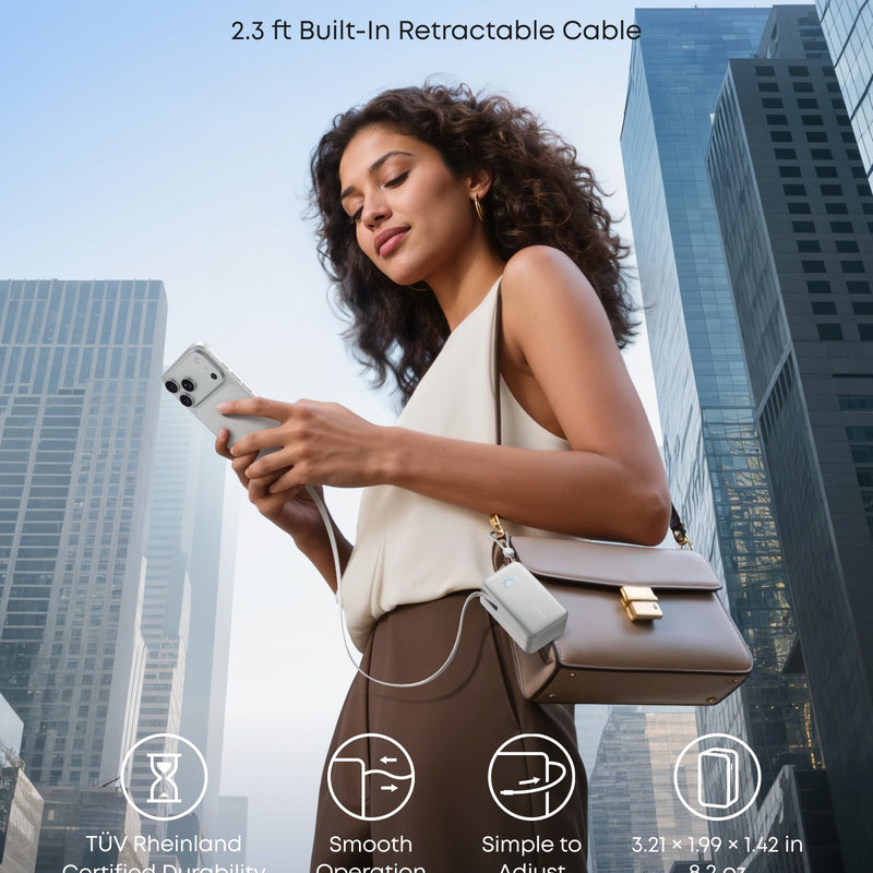 Anker Nano Power Bank 10K with 45W charging, white color, featuring a built-in retractable USB-C cable for portable charging.
