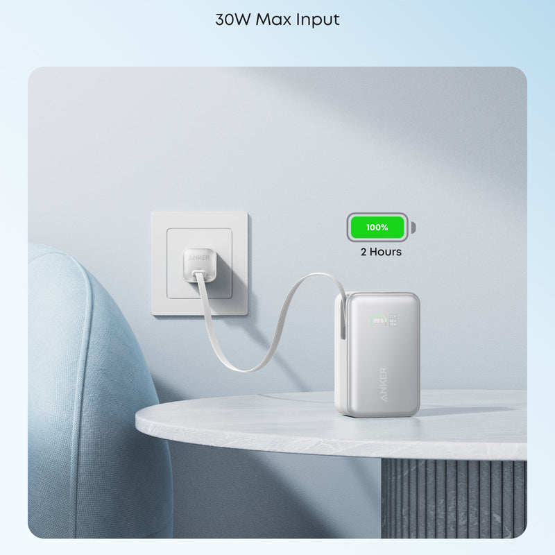 Anker Nano 10K power bank with built-in retractable USB-C cable, compact white portable charger for smartphones and devices
