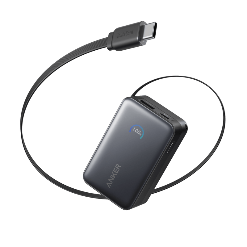 Anker Nano Power Bank 10K with 45W output and built-in retractable USB-C cable, compact white portable charger.