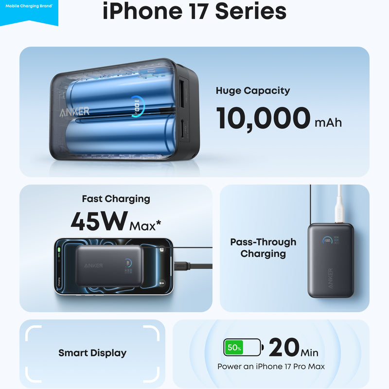 Anker Nano Power Bank 10K with 45W output and built-in retractable USB-C cable, compact white portable charger for devices.