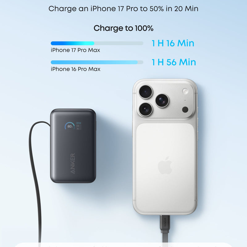 Anker Nano Power Bank 10K with 45W output and built-in retractable USB-C cable, compact white portable charger