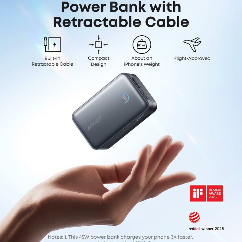 Anker Nano Power Bank 10K with 45W output and built-in retractable USB-C cable in white, portable and compact for on-the-go charging.