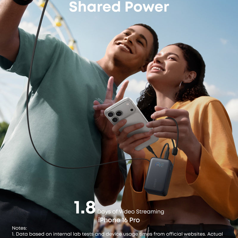 Anker Nano Power Bank 10K with 45W USB-C fast charging and built-in retractable USB-C cable, in white.