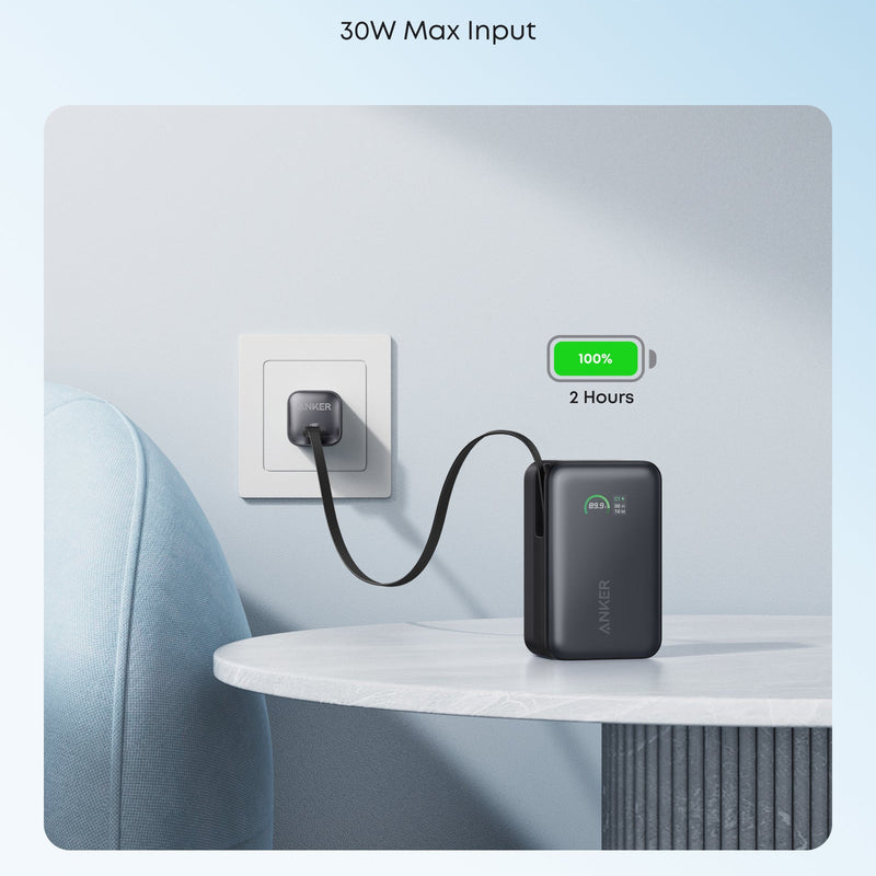 Anker Nano Power Bank 10K with 45W output and built-in retractable USB-C cable, white portable charger on a white surface.