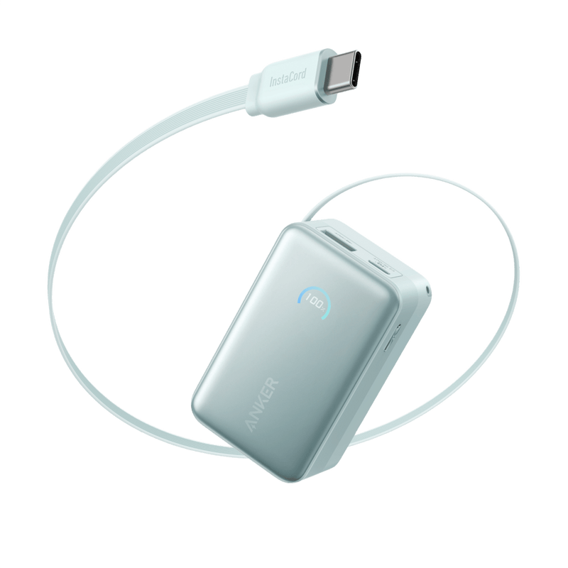 Anker Nano Power Bank 10K with 45W output, white color, featuring built-in retractable USB-C cable, compact portable charger.