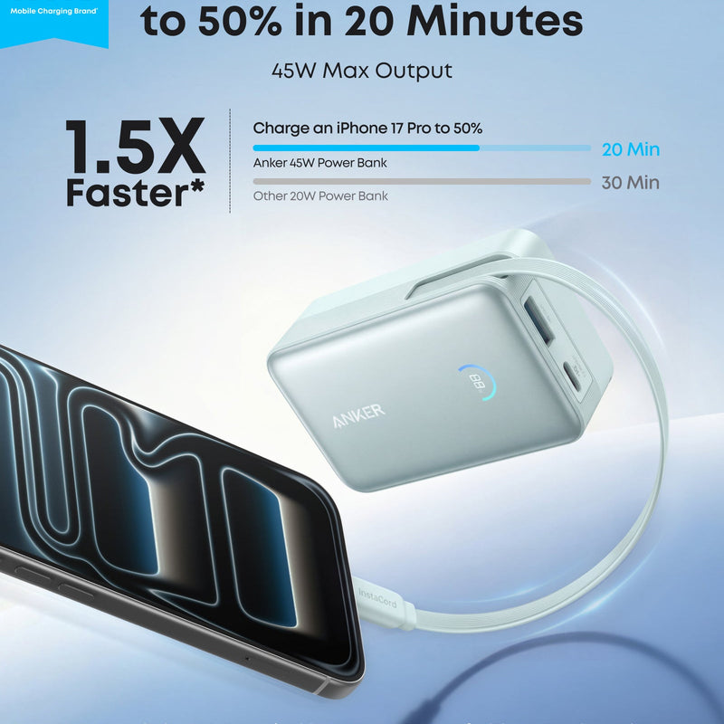 Anker Nano Power Bank in white with 10,000mAh capacity, 45W charging, and built-in retractable USB-C cable for portable charging.