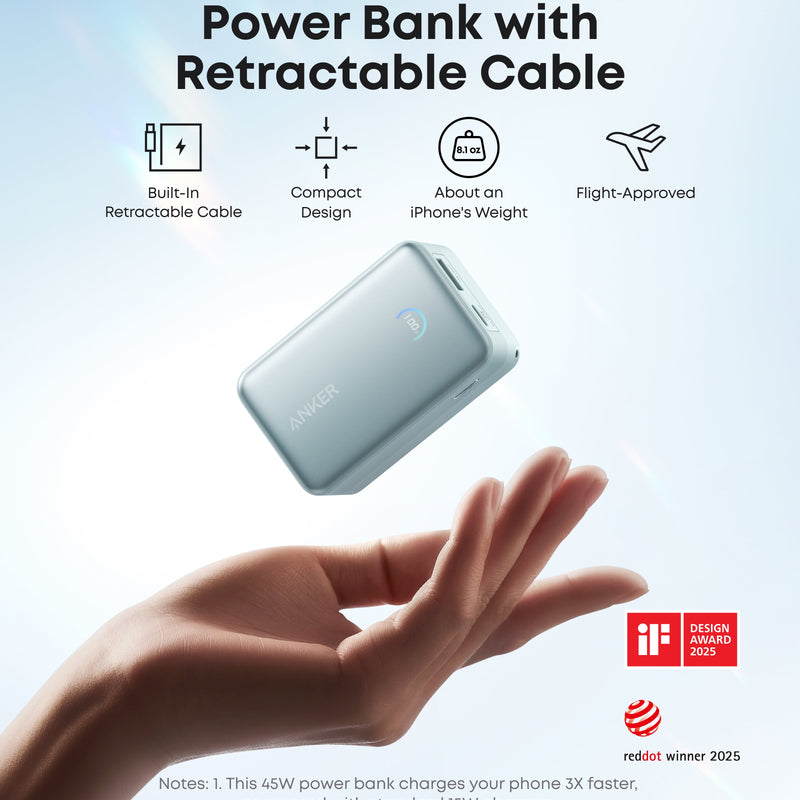 Anker Nano power bank in white with 10,000mAh capacity, 45W charging, and built-in retractable USB-C cable for portable power.