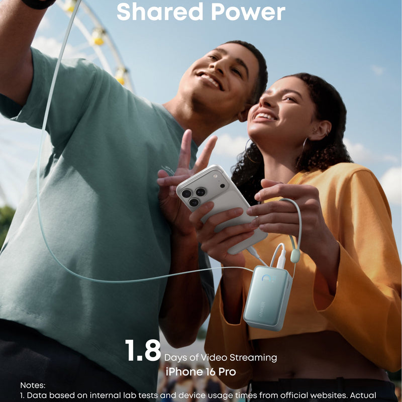 Anker Nano power bank in white with 10,000mAh capacity, 45W charging, and built-in retractable USB-C cable for portable power.