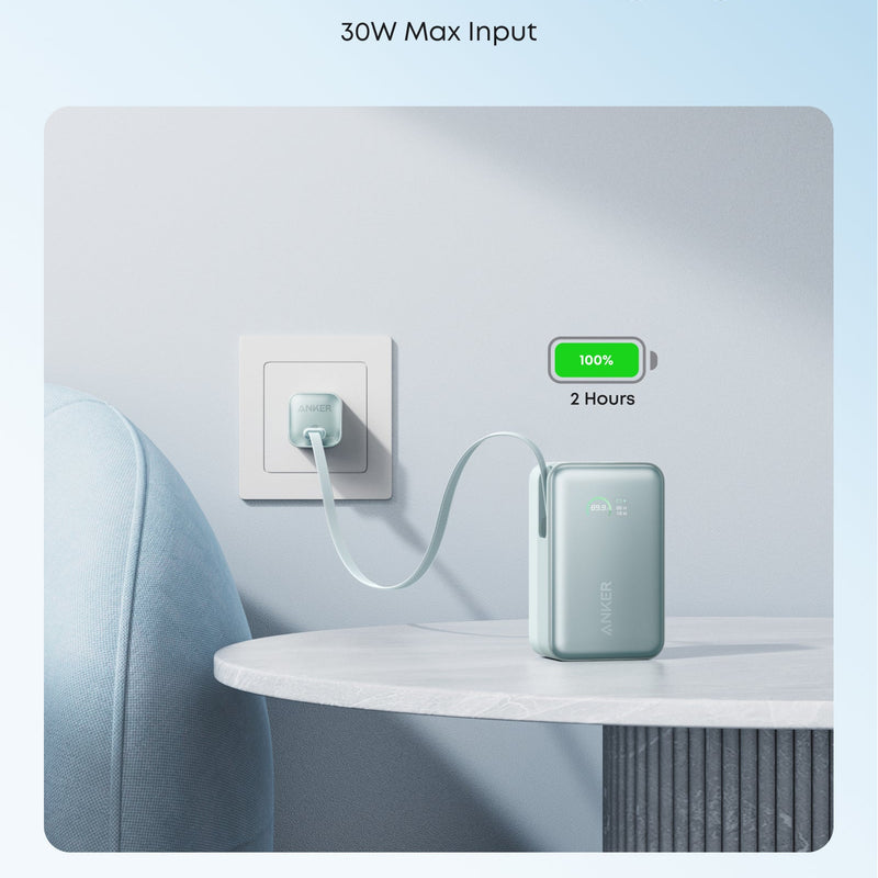 Anker Nano Power Bank 10K with 45W output and built-in retractable USB-C cable, compact white portable charger.