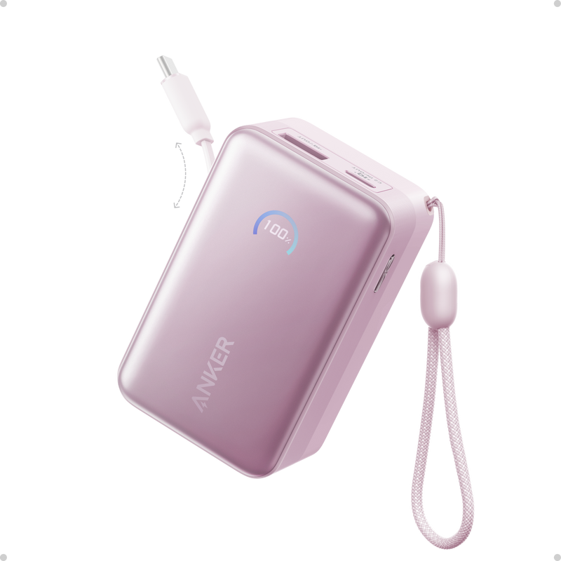 Anker Nano Power Bank 10K with 45W fast charging and built-in retractable USB-C cable in white, portable and compact design.