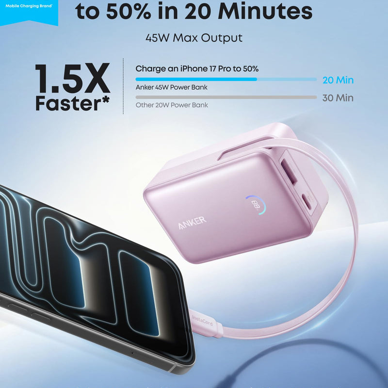 Anker Nano Power Bank 10K with 45W fast charging and built-in retractable USB-C cable, compact white portable charger.