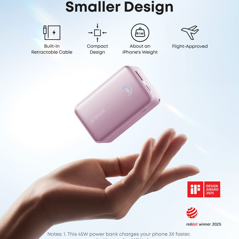 Anker Nano Power Bank 10K with 45W output and built-in retractable USB-C cable in white, compact portable charging device.